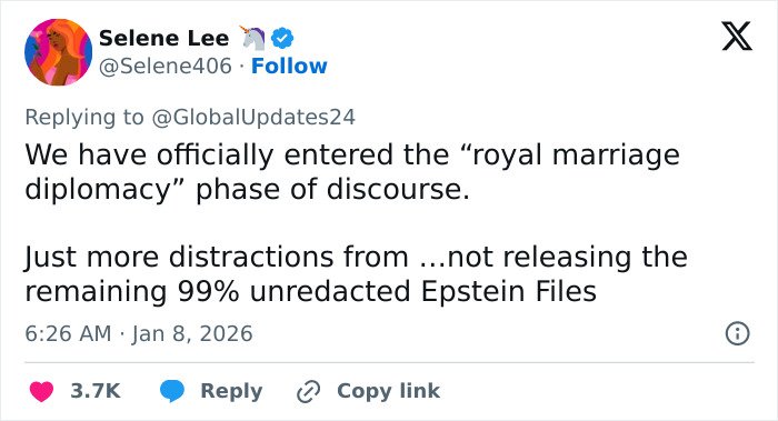 Tweet discussing royal marriage diplomacy in relation to Barron Trump and Princess Isabella securing Greenland.