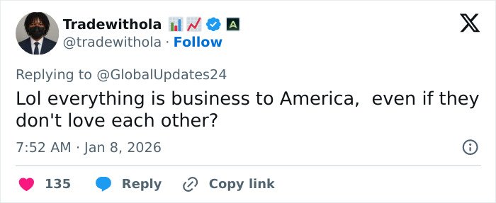 Tweet discussing America’s business motives amid viral post urging Barron Trump to marry Princess Isabella for Greenland.