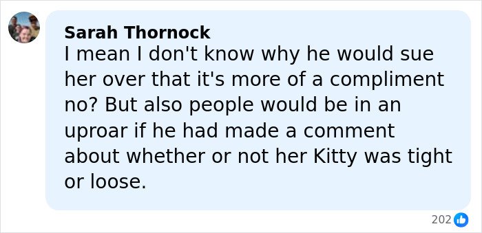 Comment from former NFL star's ex-wife reacting to lawsuit over invasive comments about his manhood size.