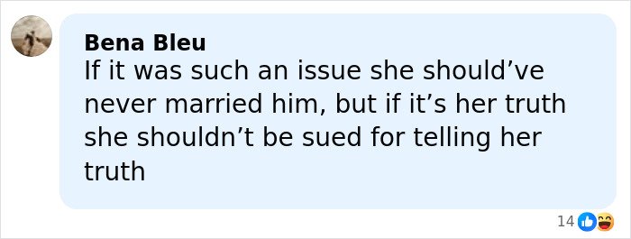 Comment from Bena Bleu discussing a former NFL star's ex-wife and a lawsuit over invasive comments about his manhood.