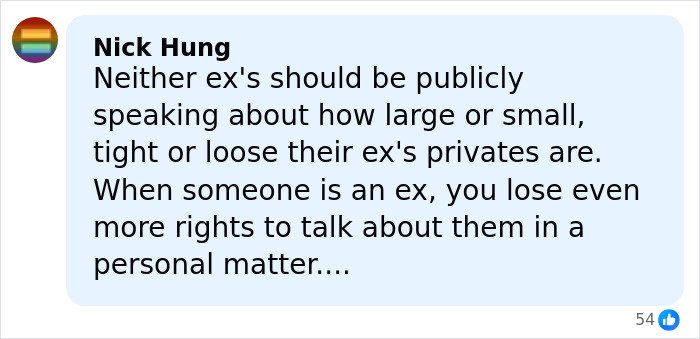 Comment by Nick Hung on invasive comments about former NFL star's manhood size, discussing privacy boundaries.