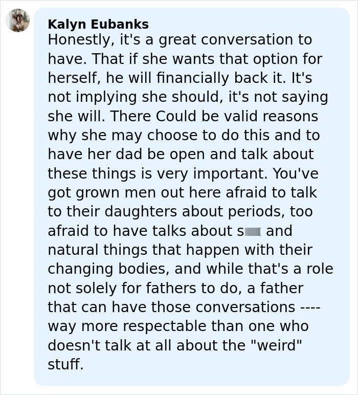 Comment expressing support for Dax Shepard’s talk with his 11-year-old daughter about freezing her eggs and open parenting.