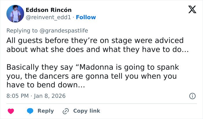 Tweet discussing fans' reaction to Ariana Grande and Madonna's resurfaced performance sparking backlash online.
