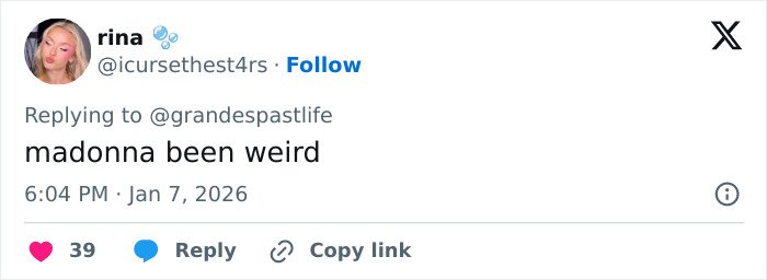 Screenshot of a tweet reacting to Ariana Grande and Madonna's resurfaced performance sparking fan backlash.