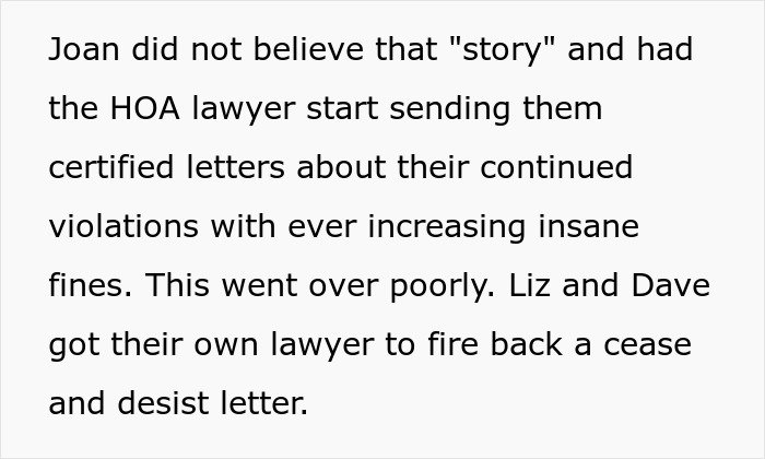 Text excerpt describing HOA president’s power-trip harassment escalating to legal conflict with a couple’s lawyer response.