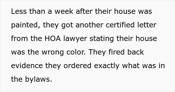 Certified letter from HOA lawyer about house color dispute escalates harassment by HOA president power-trip.