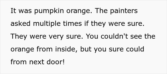 Text excerpt describing a painter's choice of pumpkin orange color visible from the next door but not inside.