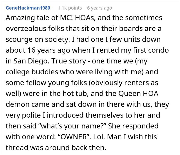 Comment describing HOA president harassing renters, highlighting a power-trip and conflict with neighbors in a condo community.