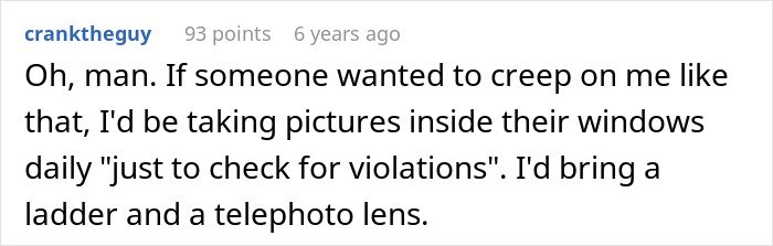 Screenshot of a forum comment discussing a failed power-trip by an HOA president harassing a couple online.