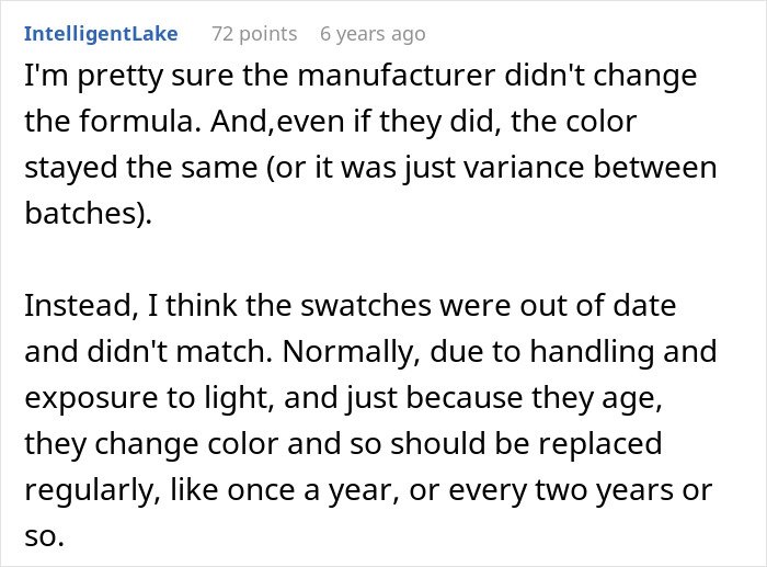Text excerpt from user IntelligentLake discussing color swatches and manufacturer formula changes related to product aging and replacement frequency.