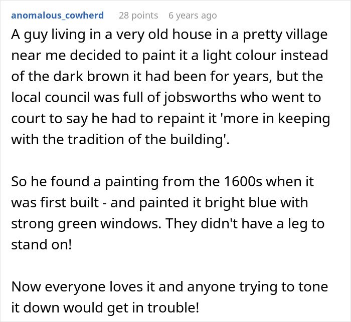 Screenshot of a user story about a homeowner defying HOA president’s power trip over house paint colors.