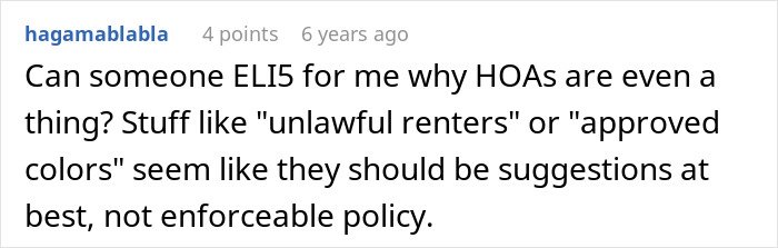 Text post on HOA policies questioning enforceability of rules with phrases unlawful renters and approved colors.
