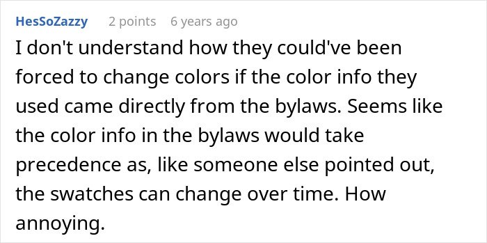 Commenter HessSoZazzy discussing confusion over HOA bylaws on color changes and the frustration with swatches changing over time.