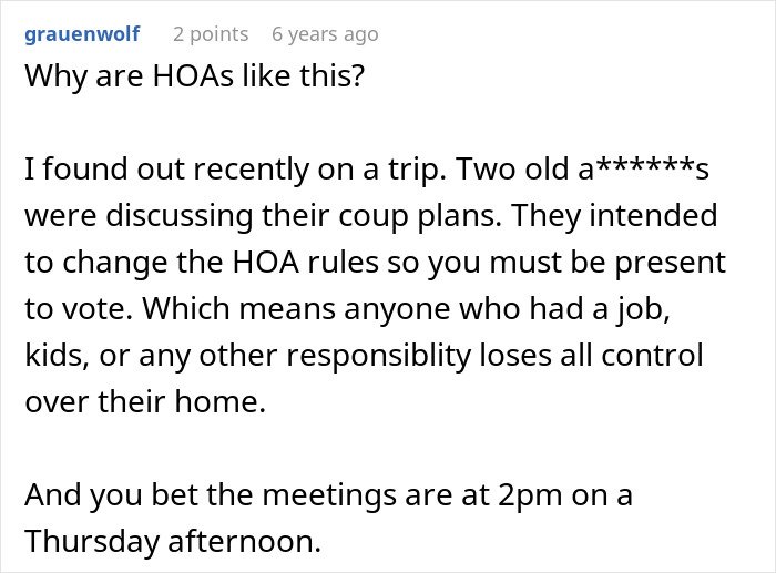 Screenshot of a forum post discussing HOA president power-trip and harassment of a couple, sparking community frustration.