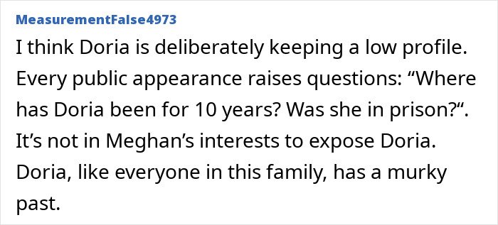 Comment discussing Meghan Markle’s alleged rift with mom Doria and speculation about her low profile and murky past.