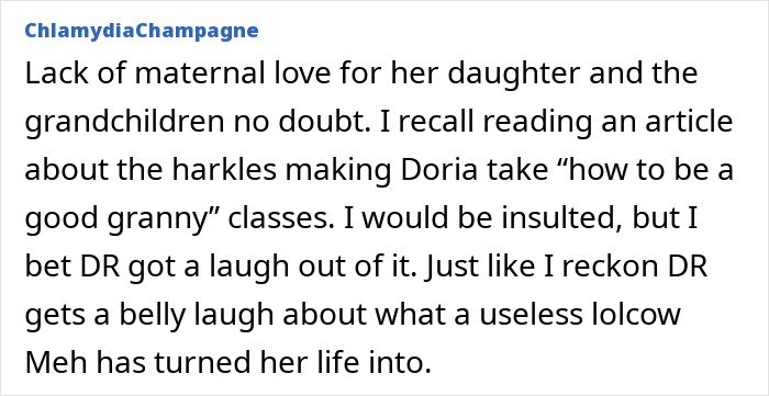 Text post showing a comment about Meghan Markle’s alleged rift with mom Doria and lack of maternal love.