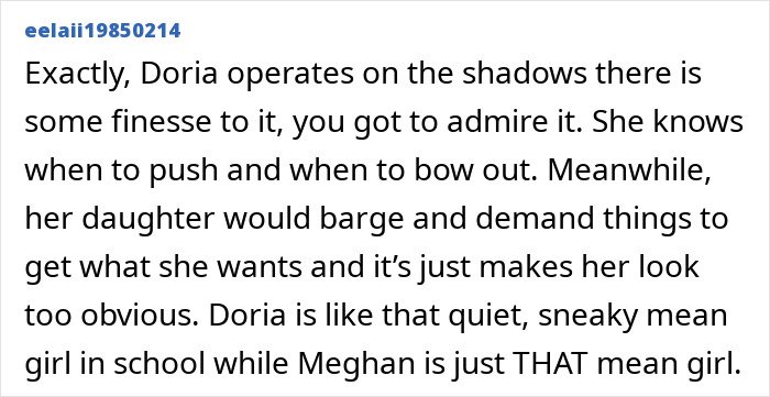 Comment discussing Meghan Markle’s alleged rift with mom Doria, highlighting their contrasting personalities and behavior.