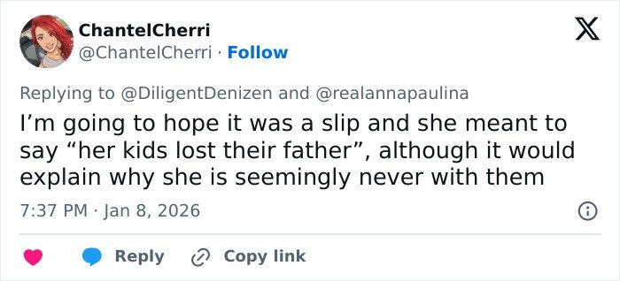 Tweet from ChantelCherri discussing custody speculation and family remarks related to Erika Kirk’s situation.
