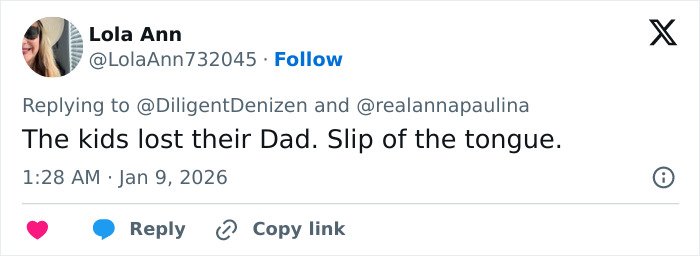 Twitter user Lola Ann responding to custody speculation about Erika Kirk after an explosive Congresswoman remark.
