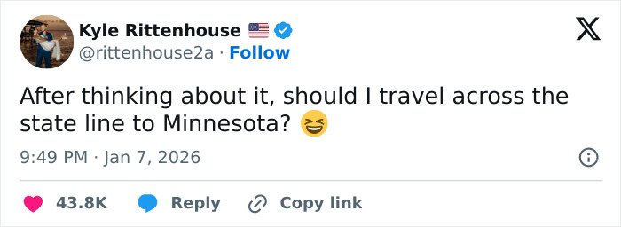 Screenshot of Kyle Rittenhouse’s tweet reacting to Minneapolis ICE slaying, sparking national disgrace debates online