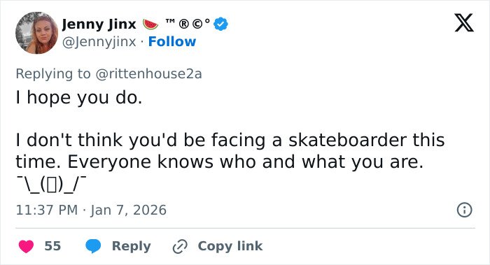 Tweet from user Jenny Jinx replying to Kyle Rittenhouse amid internet uproar over ICE slaying in Minneapolis.