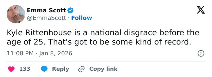Screenshot of a tweet criticizing Kyle Rittenhouse, reflecting public outrage over ICE slaying reaction in Minneapolis.
