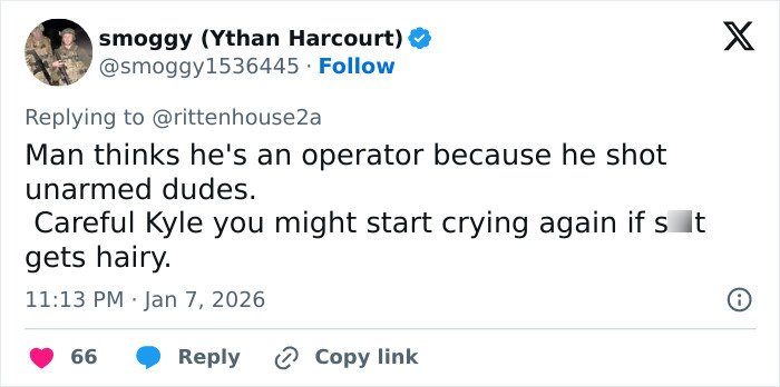 Tweet replying to Kyle Rittenhouse’s reaction sparking internet outrage over ICE slaying in Minneapolis.