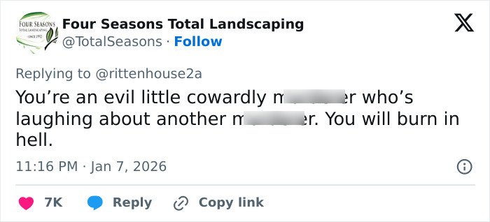 Tweet from Four Seasons Total Landscaping responding to Kyle Rittenhouse with harsh criticism after ICE slaying reaction.