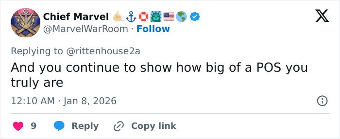 Tweet from Chief Marvel replying to Kyle Rittenhouse, sparking internet outrage over reaction to ICE slaying in Minneapolis.