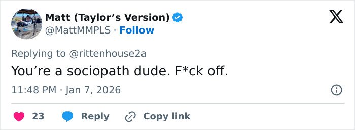Screenshot of a social media reply criticizing Kyle Rittenhouse’s reaction to the ICE slaying in Minneapolis.