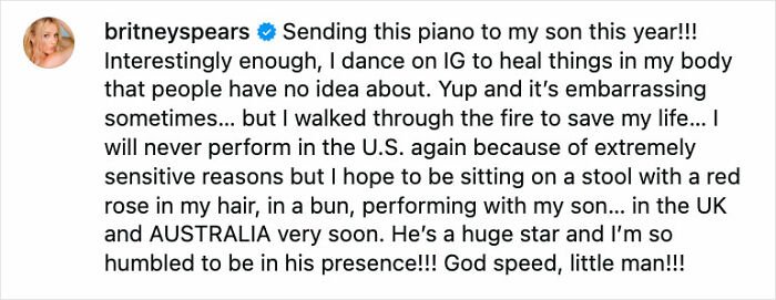 Britney Spears shares emotional message revealing she will never perform in the U.S. again amid backlash and sensitive reasons.