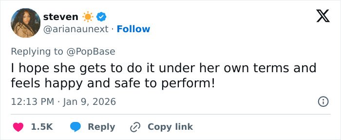 Tweet from user steven expressing hope that Britney Spears feels happy and safe to perform under her own terms amid backlash.