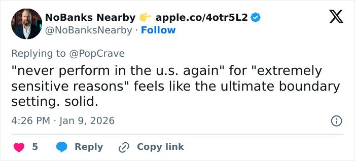 Tweet discussing Britney Spears facing backlash after saying she will never perform in the U.S. again for sensitive reasons.