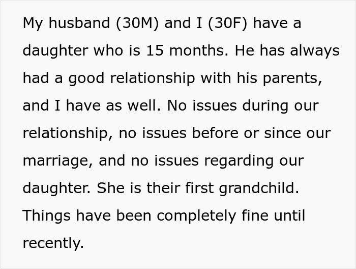 Text excerpt about a couple’s relationship with in-laws and concerns over grandchild’s safety leading to babysitting ban.