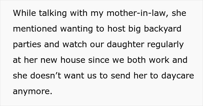 Text excerpt explaining mother-in-law wants to babysit grandchild but concerns over safety lead to refusal and babysitting ban.