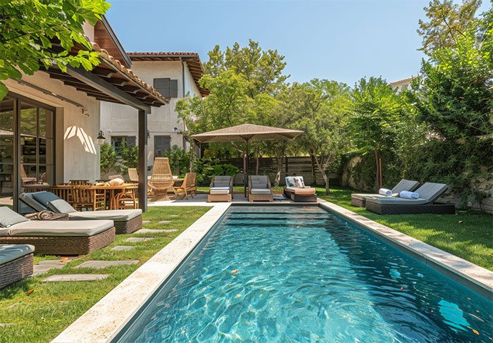 Private backyard pool with lounge chairs and umbrella emphasizing grandchild safety concerns and babysitting trust issues.