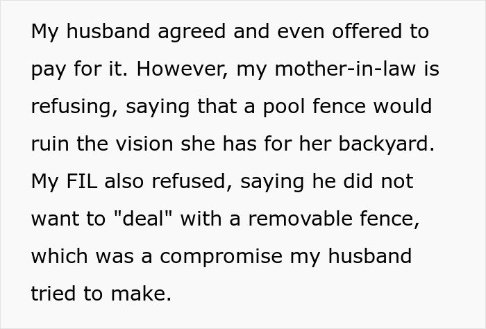 In-laws refuse to prioritize grandchild’s safety with pool fence, leading to conflict and loss of babysitting trust.