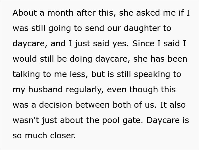 Text about a parent deciding on daycare after conflicts with in-laws over grandchild’s safety and babysitting trust.