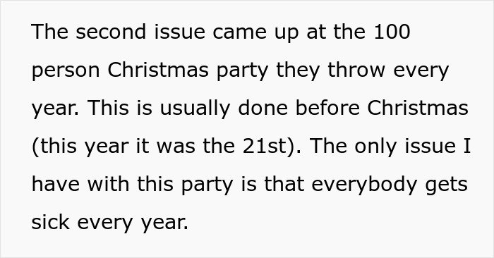 Text excerpt discussing a yearly Christmas party where in-laws refuse to take grandchild safety seriously and get banned.