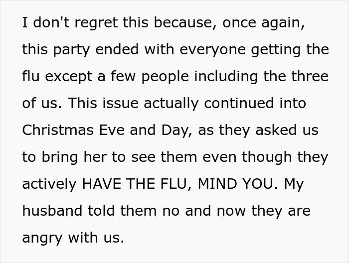 Text excerpt about in-laws refusing to take grandchild’s safety seriously, leading to babysitting ban due to flu concerns.