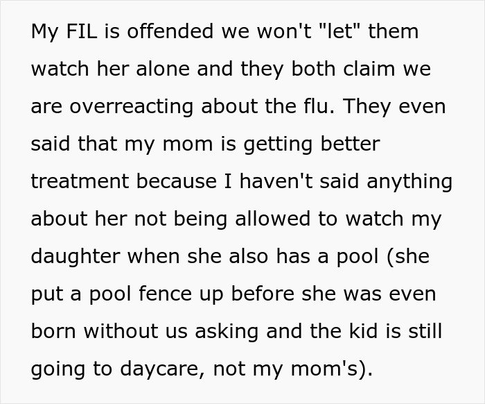 Text excerpt discussing in-laws refusing to take grandchild safety seriously, leading to babysitting ban.