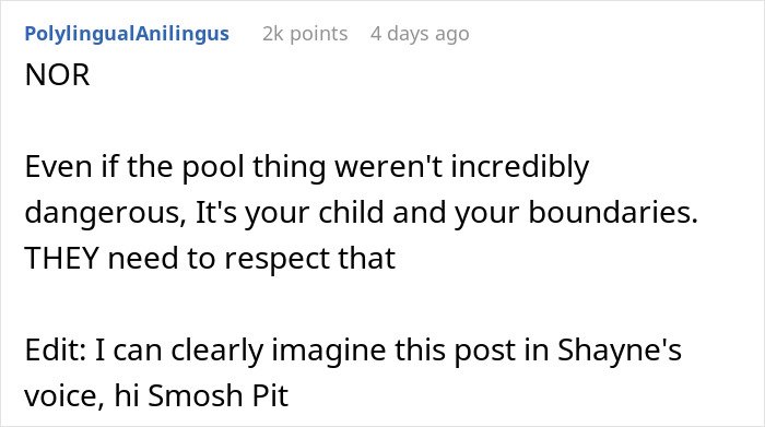 Screenshot of a Reddit comment discussing in-laws refusing to take grandchild safety seriously and being banned from babysitting.