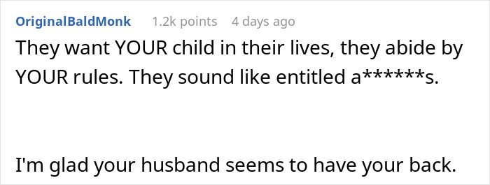 Reddit comment highlighting distrust of in-laws who refuse to prioritize grandchild safety, leading to babysitting ban.