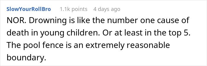Screenshot of a user comment discussing the importance of pool fences for grandchild safety and babysitting trust issues.