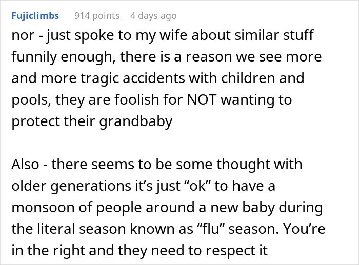 Comment discussing in-laws refusing to prioritize grandchild’s safety, leading to being banned from babysitting.