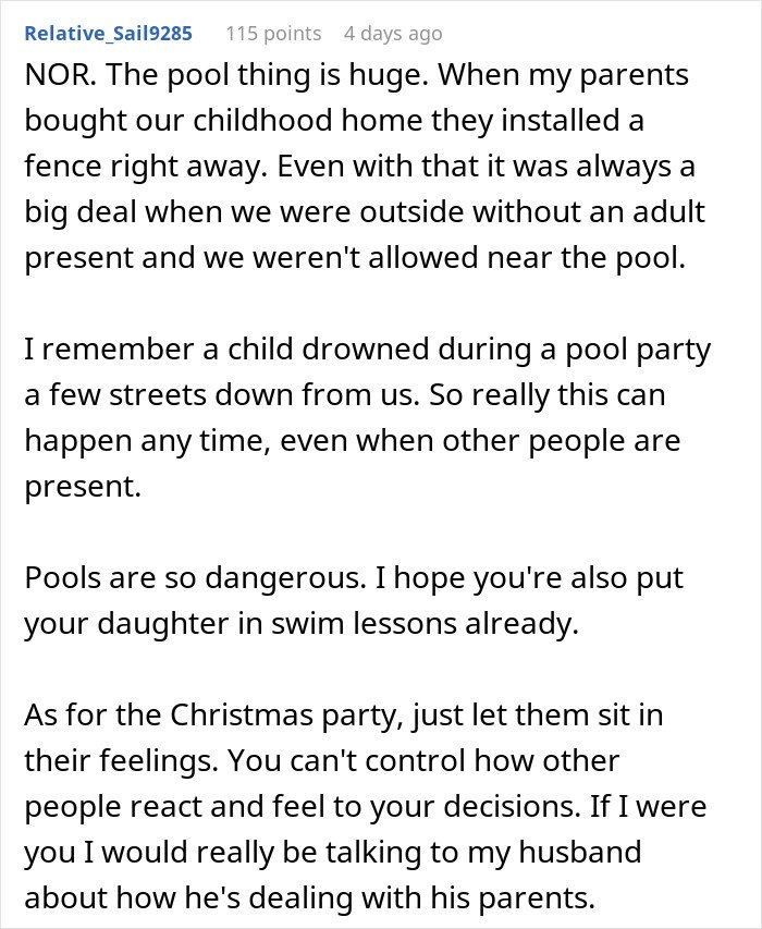 Comment discussing in-laws refusing to take grandchild’s safety seriously leading to a ban on babysitting.