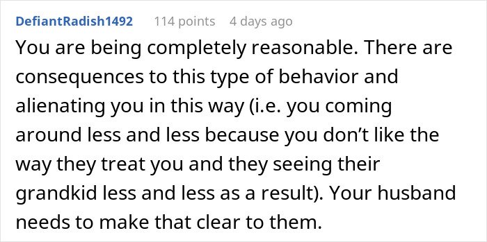 Screenshot of a Reddit comment discussing in-laws refusing to take grandchild’s safety seriously and babysitting ban consequences.