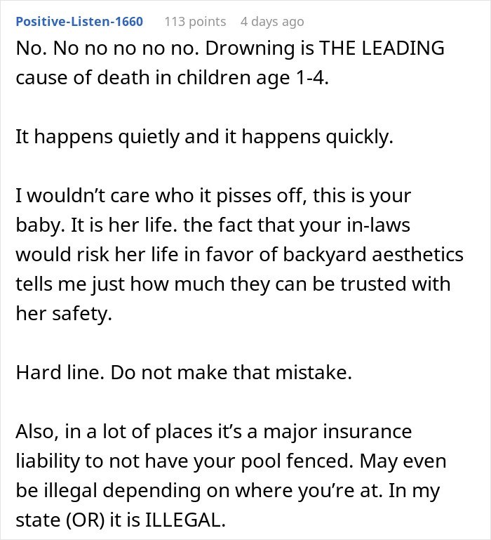 Comment discussing risks of child drowning and in-laws not taking grandchild safety seriously, leading to distrust.
