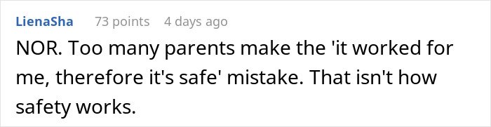 Screenshot of a Reddit comment discussing parents’ mistaken beliefs about child safety and babysitting concerns with in-laws.