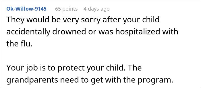 Comment discussing distrust of in-laws over grandchild’s safety and banning them from babysitting duties.